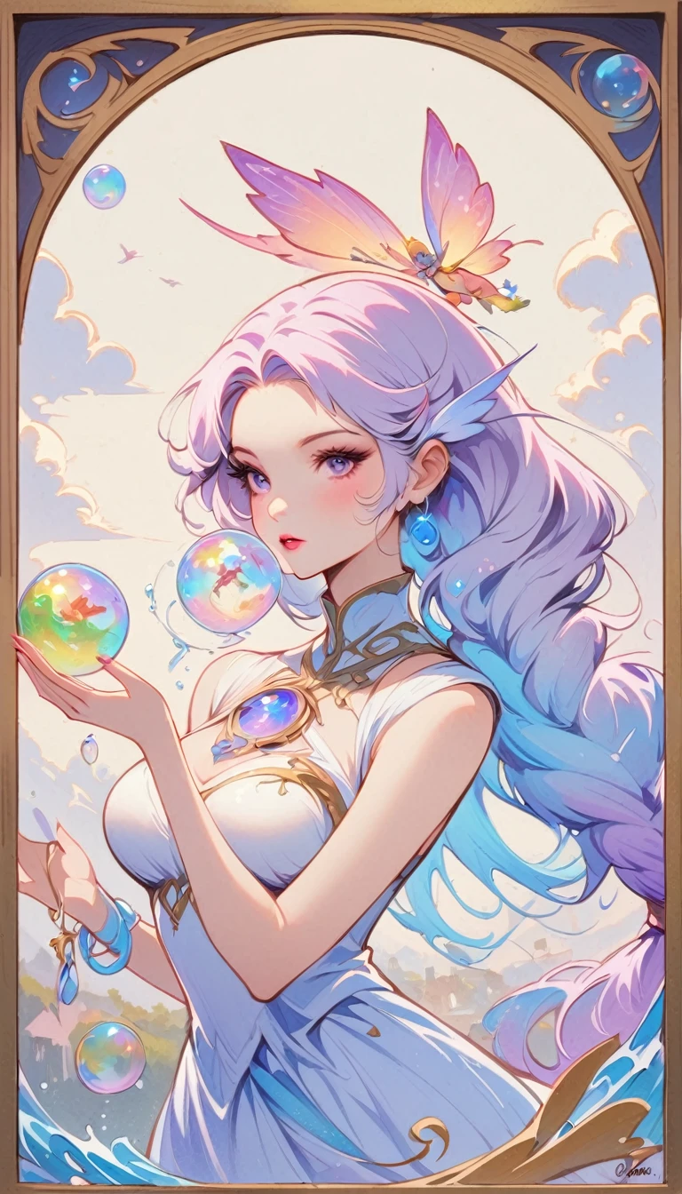 A painting of a woman in a dress blowing bubbles, Roysh and Wow, Mysterious Bubbles, Moebius + Roysh + Wow, Dreamy details, intricate Wow, A close-up fantasy using the magic of water, fairy tale artwork, Fairy tale painting, Anna Dittmann style, Wow art, Realistic fantasy painting, Artgerm Julie Bell Beeple