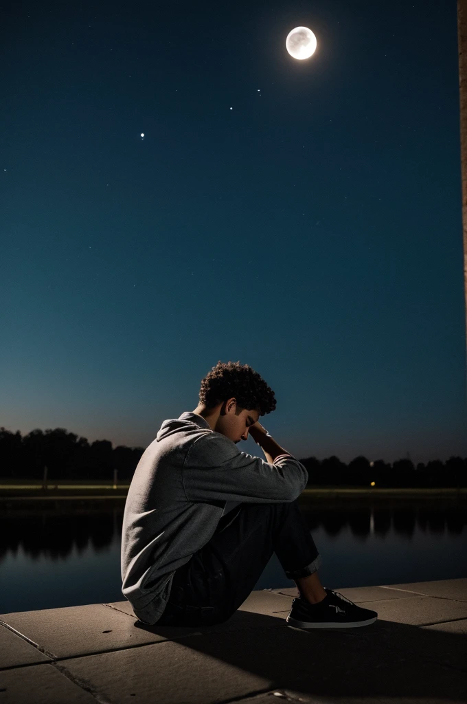 Sad depressed boy sitting on a moonlit night 
