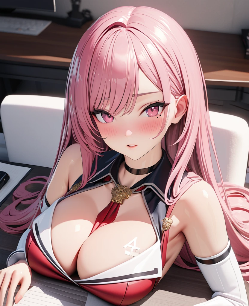 masterpiece, best quality, highly detailed, high resolution, expensive resolution, high resolution, 4k, 8k, Unity 8k wallpaper, highly detailed CG, masterpiece, 2d, 3d, beautiful details, depth, fine texture, best quality: 1.3, perfect focus, crispy skin, him, very cute anime 20s girl, sexy uniform in secretary department, big breasts, expensive pink medium long hair, secretary's office, mole under eye, looking at the viewer, expensive, blush, mole, parted lips, , heart, pink eyes, choker