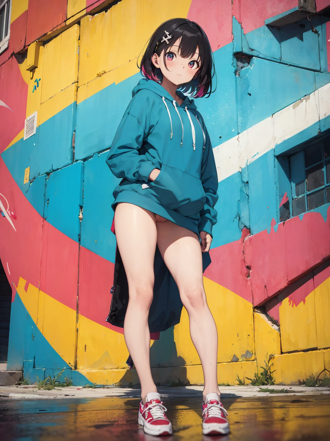 (((full body))), nsfw, masterpiece, high quality, highres, absurdres, ultra-detailed, 8k, 1girl, Pastel colors hair, multicolored hair, gradient hair, looking at viewer, colorful eyes, (no panties), (ultra-small panties), (bra), (colorful hoodie), Well-endowed, breasts, full body shot, ((angle from below)), (graffiti murals wall background:1.15), brilliant colorful paintings,  portrait, cross hair ornament, against wall, bangs, shadow, reflection