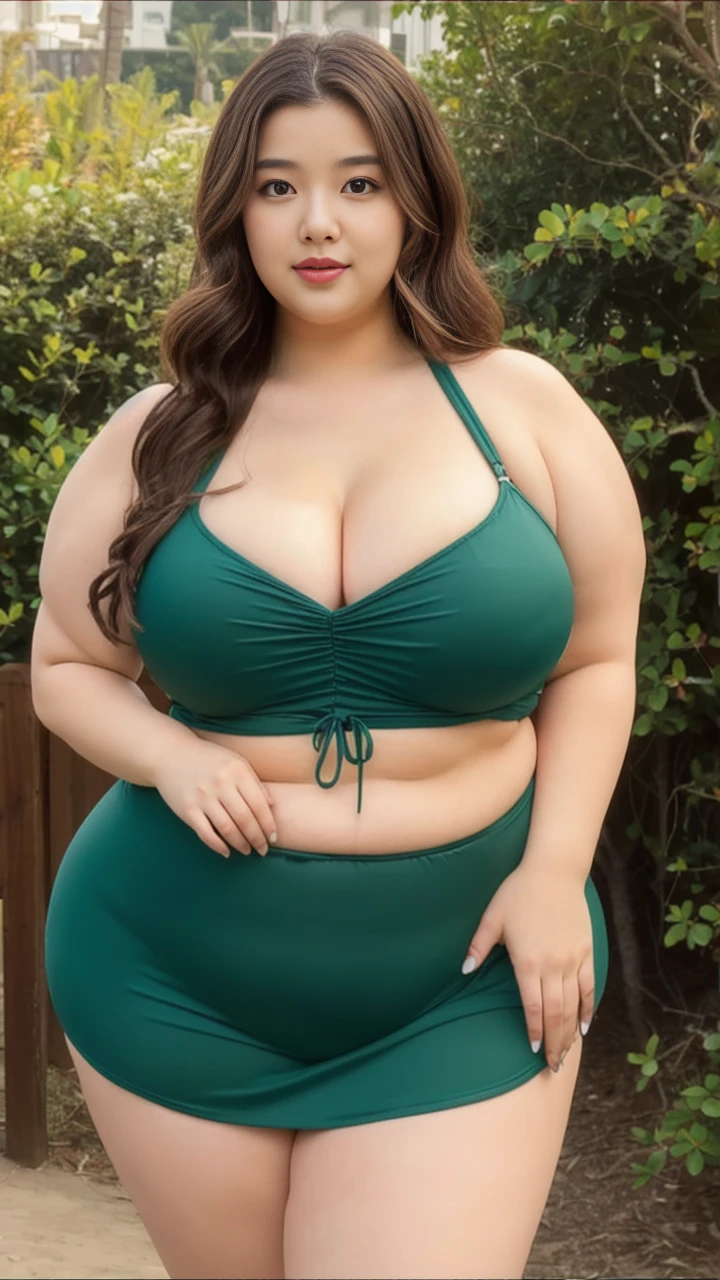 ((best quality)), ((masterpiece)), (detailed), perfect face, araffeTight skirtsShort , thicc, wavy short hair, she has a jiggly fat round belly, bbwchan, wearing tight simple clothes, skinny waist and thick hips, widest hips, her belly is fat and round, soft curvy shape, hyperrealistic full figure, wearing a cute top, wide hips, Blue swimsuit,On the beach by the seaBlue