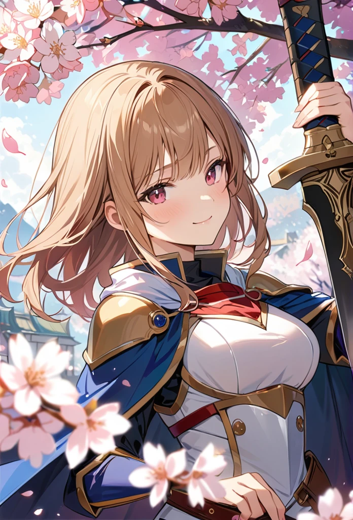 alone, 1 Girl, Marin, salary, keep, arms, Focus on women, sword, Cape, armor, Lambent Light, Handguard, sheath,  armor, full armor, A soft smile，Cherry blossoms blooming all over the place，Falling cherry blossom petals background　(((masterpiece)))， ((Highest quality))， ((Intricate details))　(8K)