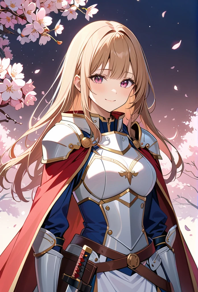alone, 1 Girl, Marin, salary, keep, arms, Focus on women, sword, Cape, armor, Lambent Light, Handguard, sheath, armor, full armor, A soft smile,Cherry blossoms blooming all over the place,Falling cherry blossom petals background (((masterpiece))), ((Highest quality)), ((Intricate details)) (8K)