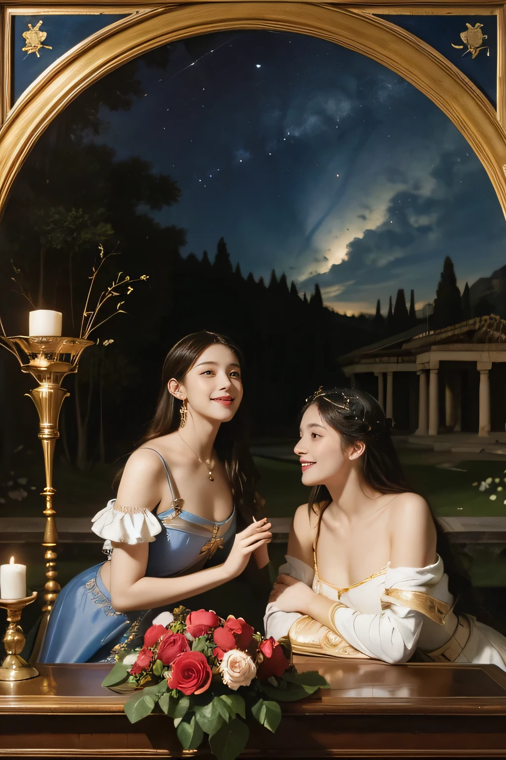 Giorgione painting style,Arguments of two female Philosophe,math、astronomical machine、astronaut、roses in vase、fruits、Cute trinkets、smile、ancient greek costume、Background is a forest lake at night 、Clothes that stretch your shoulders、A big smile、beautiful bare skin、A detailed representation of the seducing woman throughout her body.