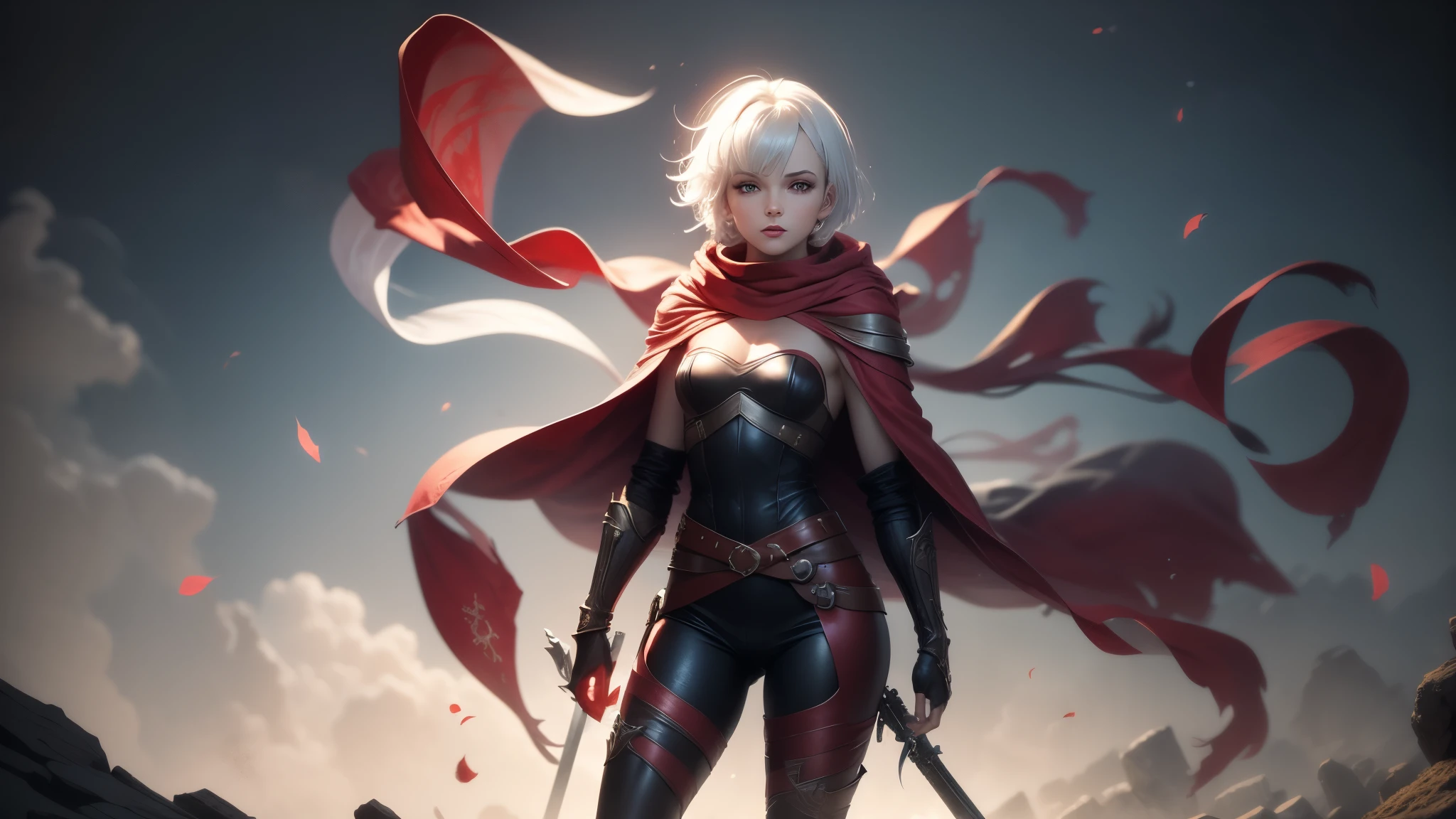 little Red Riding Hood，Fantasy World，White short hair，Sexy body，tall，slim，Wearing tights，Red and gold eyes，With a musket in his hand，Wearing black，Hair with red highlights，Wearing leather armor，Metal arm armor，Wears a red hood，Wear a shawl，The shawl is very short，Wearing long boots，side fringe，Hips，Royal sister，Demon hunter，High and cold