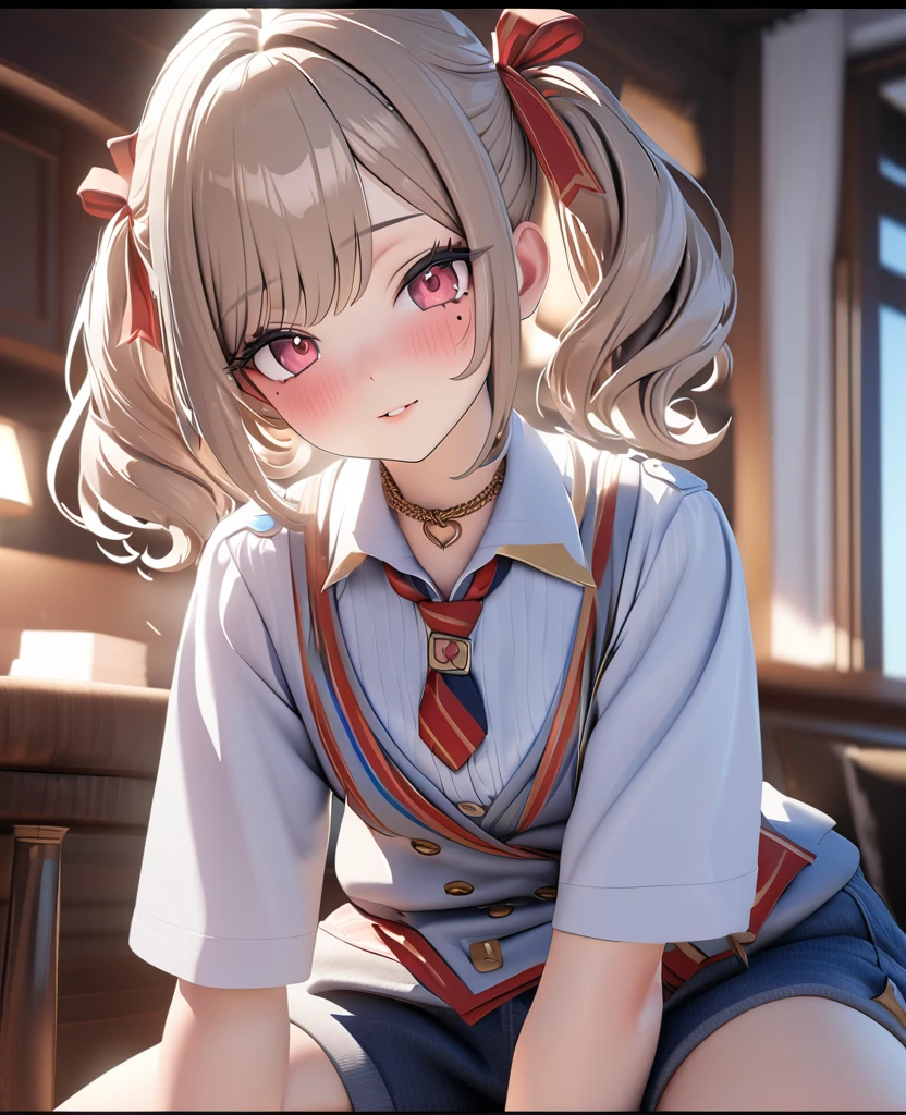 masterpiece, best quality, highly detailed, high resolution, expensive resolution, high resolution, 4K, 8k, uniform 8k wallpaper, highly detailed CG, masterpiece, 2D, 3D, beautiful details, depth, fine texture, best quality: 1.3, perfectly focused, crispy. skin, him, cute anime 20s girl, her name is Mei, idol, expensive brown short twin tails, mole under eye, looking at the viewer, cowboy shorts, expensive, blush, mole, plump lips, heart, pink eyes, heart shaped choker