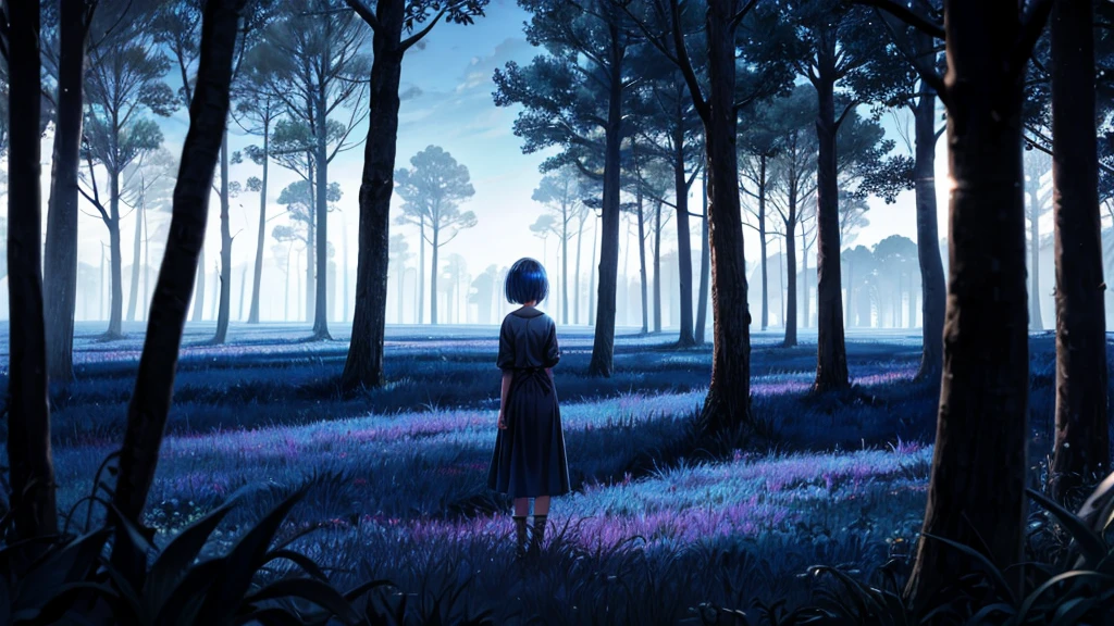 girl turning her back to the camera, blue atmosphere dusk, darkness, Field, trees, short hair,