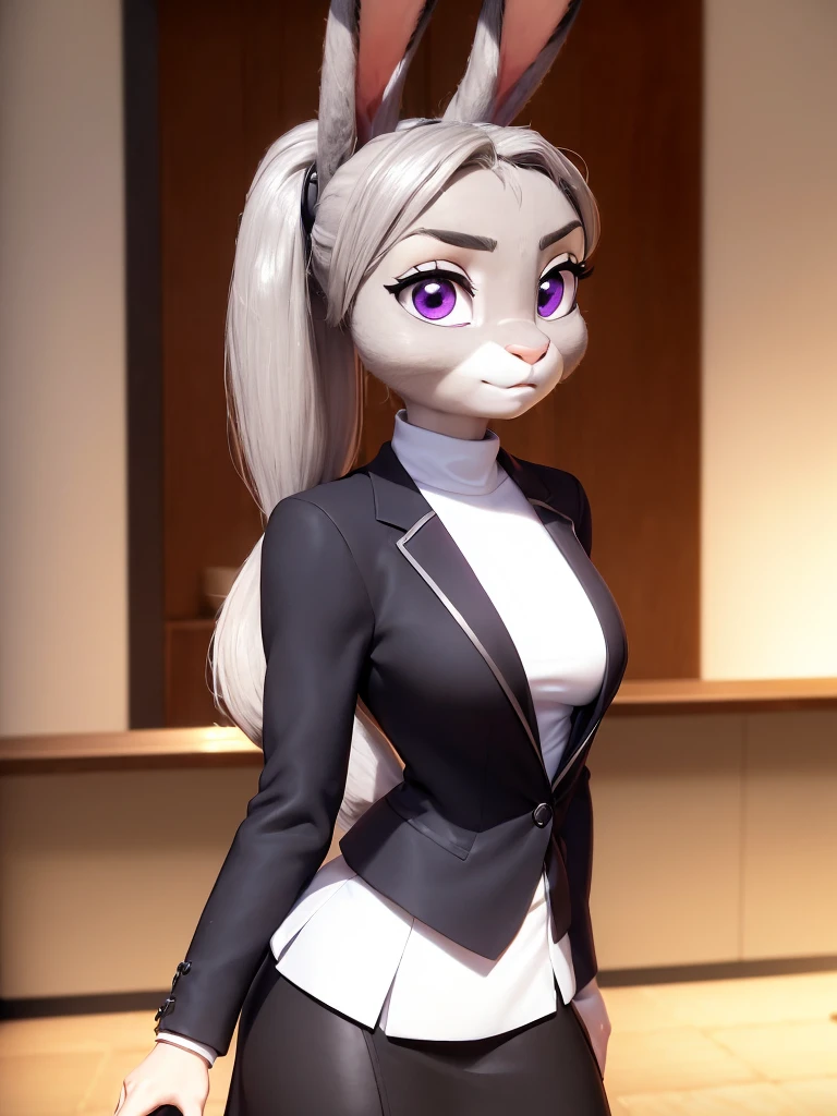 best quality,
masterpiece,
3D anime,
(((solo))),
(((1girl))),
((Face is JudyHopps)),
(long ears like a rabbit:0.8),
Heir is in a black ponytail style,
Her eye color is purple,
Body is human lady,
She is a new employee,
Hers outfit is business suit,
She is wearing a black jacket over a white blouse,
(She is wearing a black skirt:1.1),
(the suit is made of wool:1.4),
((skin is silver with fluffy and fluffy)),
(portrait view),
In the background there is office space,