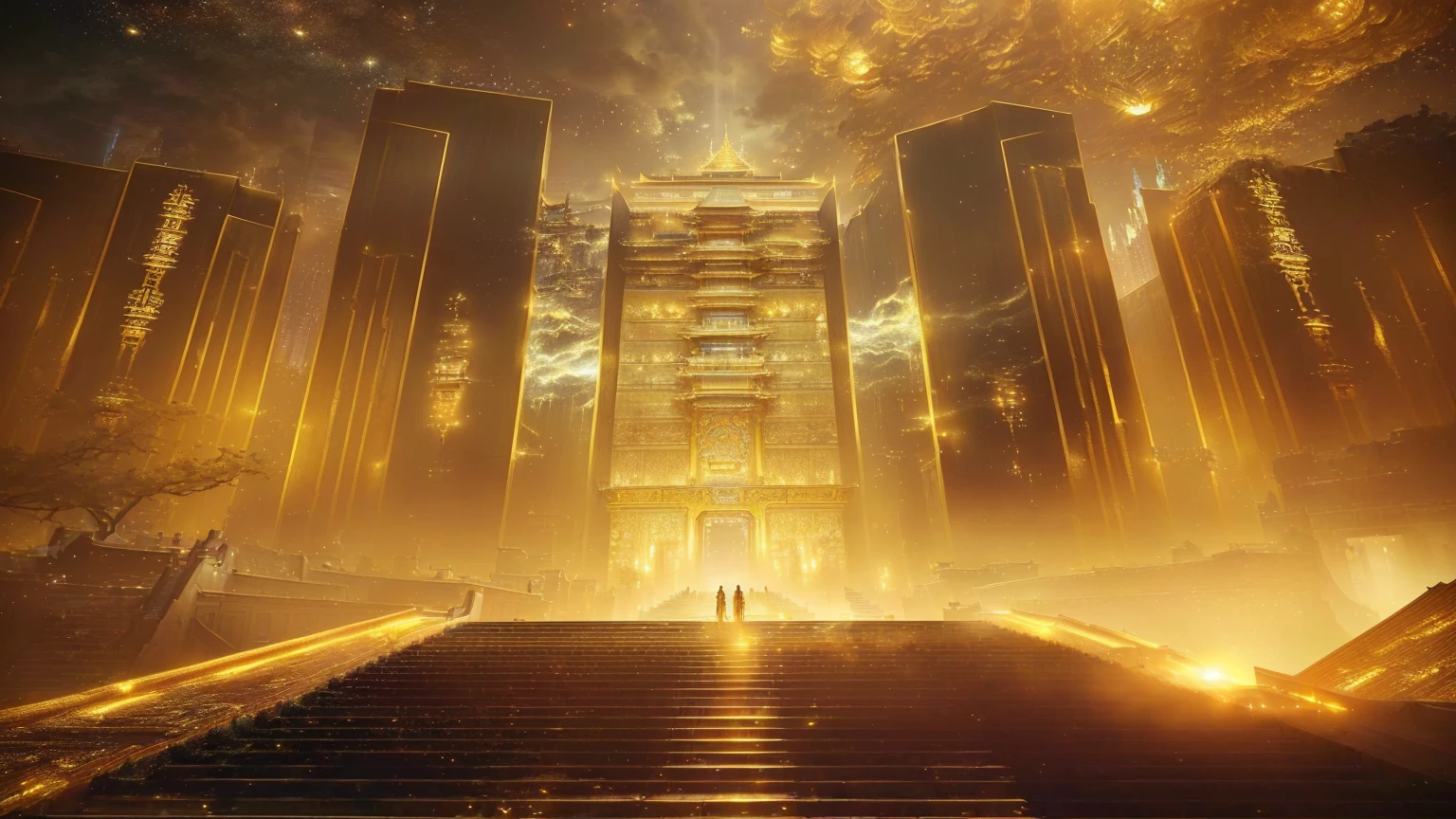 There is a staircase leading to a building with the sky in the background, Ruina Library concept art, Cyberpunk Chinese Ancient Castle, gold gates of heaven!!!!!!!!, golden cityscape, Huge futuristic temple city, Infinite Celestial Library, Beautiful rendering of the Tang Dynasty, Cyberpunk temple, golden steampunk city atmosphere, tall golden heavenly gates, Sci-fi temple appearance, golden towers, Galaxy Temple