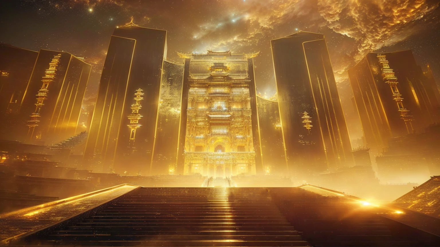 There is a staircase leading to a building with the sky in the background, Ruina Library concept art, Cyberpunk Chinese Ancient Castle, gold gates of heaven!!!!!!!!, golden cityscape, Huge futuristic temple city, Infinite Celestial Library, Beautiful rendering of the Tang Dynasty, Cyberpunk temple, golden steampunk city atmosphere, tall golden heavenly gates, Sci-fi temple appearance, golden towers, Galaxy Temple