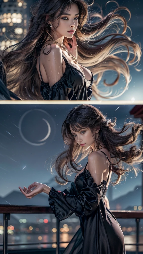 (32k:1.5, Highest quality, masterpiece, Ultra-high resolution), Perfect dynamic composition, Professional camera work:1.3, Very detailedな肌と顔の質感:1.3, Mysterious portrait, Very accurate, Very detailed, One Girl, ((Night view from the rooftop, The moonlight at night illuminates my body)), (Black satin nightgown), Incredibly slim body, Very beautiful face, (Beautiful erotic eyes:0.9, A dreamy look:1.0, I love you dearly:0.8, Open your mouth a little, lipstick, A taste that exudes beautiful eroticism:0.7), (Wet dark brown medium length hair), Candles, The chest is medium, necklace, Tilt, get up, ((Fascinating, Hair fluttering in the wind))