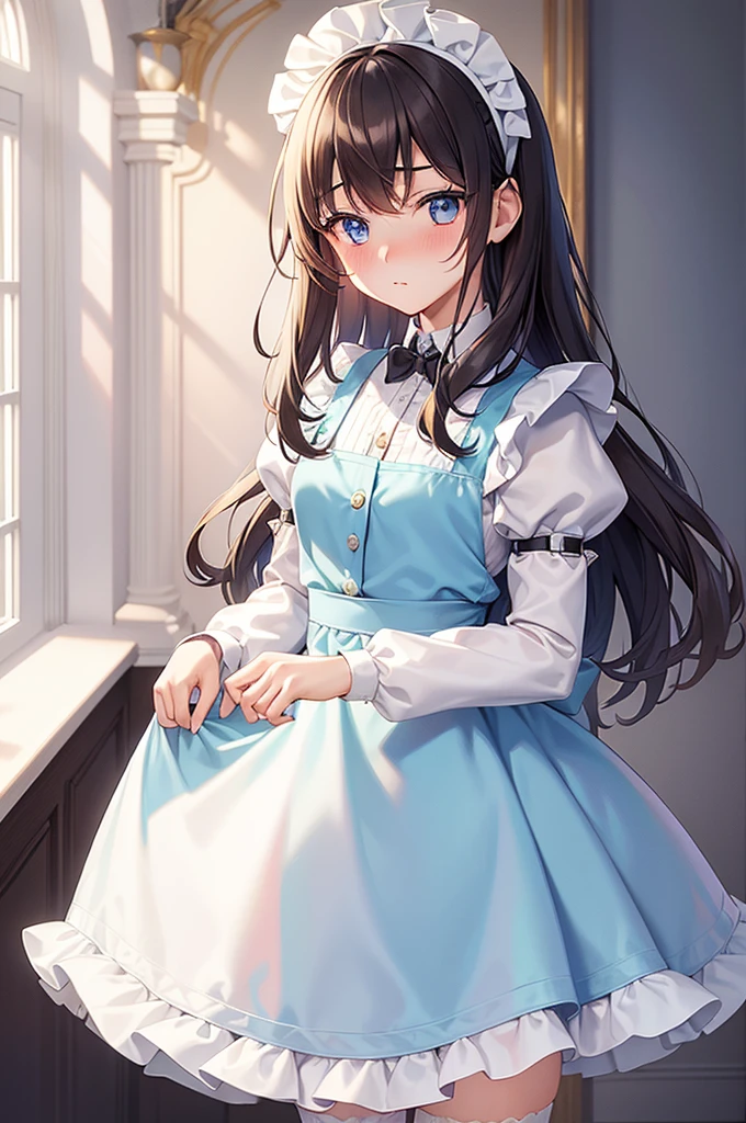 masterpiece, best quality,1girl, solo,whtie hair,medium hair,blue eyes,long sleeves,juliet sleeves,apron,maid,maid headdress,puffy sleeves,green dress,vest,buttons, white thighhighs,standing, looking at viewer, nose blush, (holding fluffy towel:1.2),