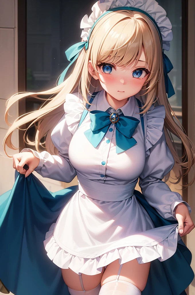 (masutepiece, Best Quality:1.2), Cowboy Shot, Solo, 1girl in, Kaho Hyuga, Smile, Looking at Viewer, holding tray, Twin-tailed, head scarf, woman samurai, frilld, Blue shirt, Waist apron, Puffy Short Sleeves, Blue skirt, thighs thighs thighs thighs, White glow, 1girl, sex, on bed, pov, , missionGrab, missionary, masterpiece, best quality,missiongrab,doggygrab,kawashiro nitori