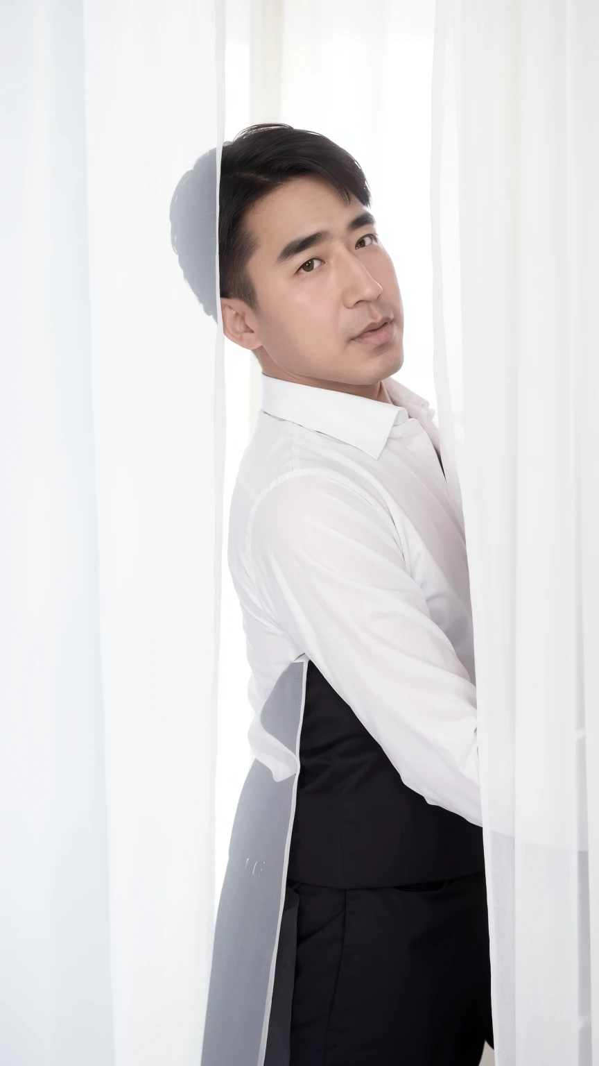 40-year-old male, Soft headlight,High-density imaging,(Clean and delicate face),((Black suit)),((Various dynamic poses)),((White curtains in the background)),best quality,masterpiece,(Soft colors:1.2)