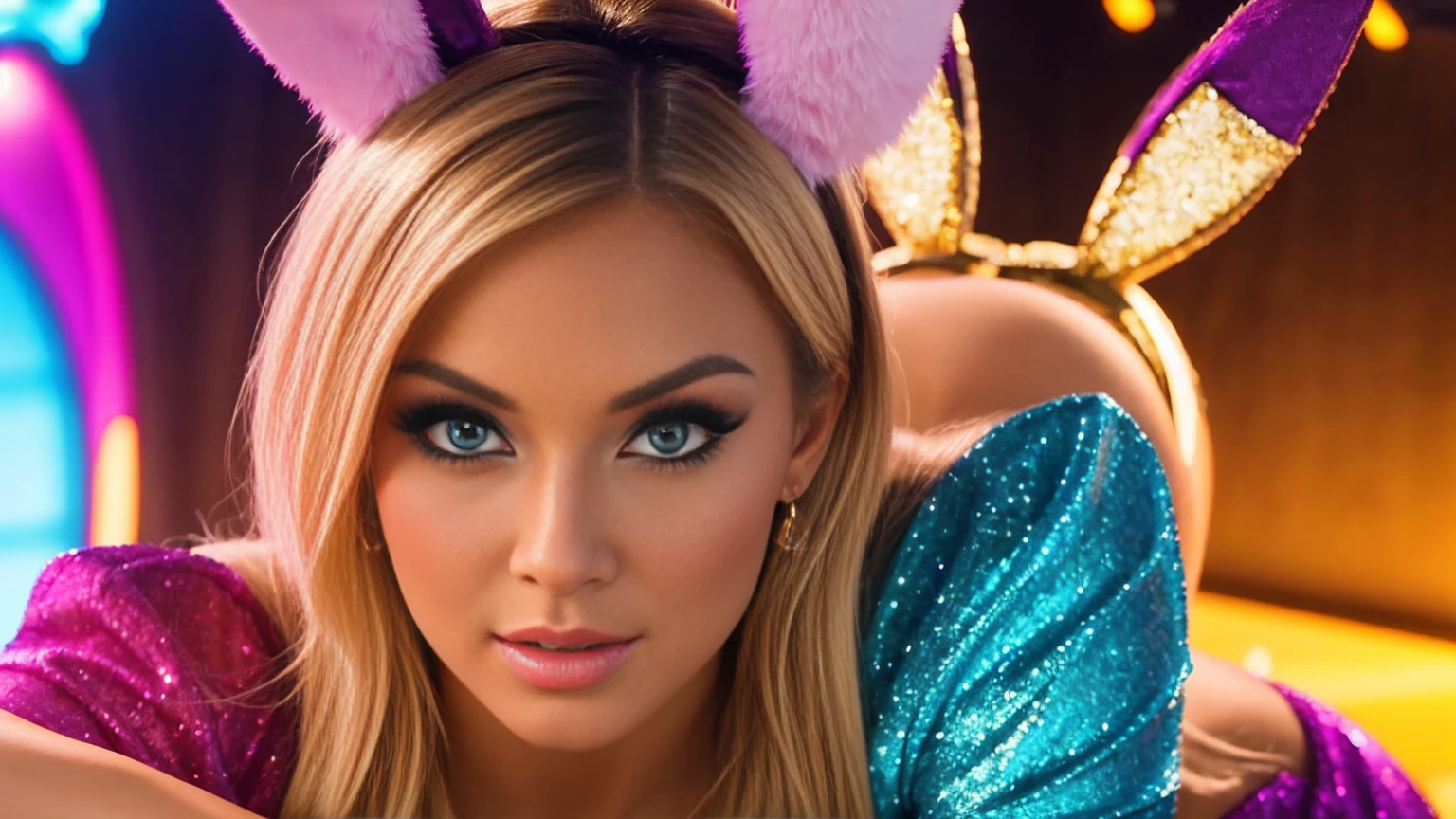 Generate an eye-catching YouTube thumbnail in 16:9 format for my video featuring a stunning, hot sultry playboy bunny model against an opulent backdrop. Emphasize vibrant colors, striking poses, and captivating expressions to entice viewers. She is irresistible attractive Blonde and wears bunny ears. bust visible, photorealistic