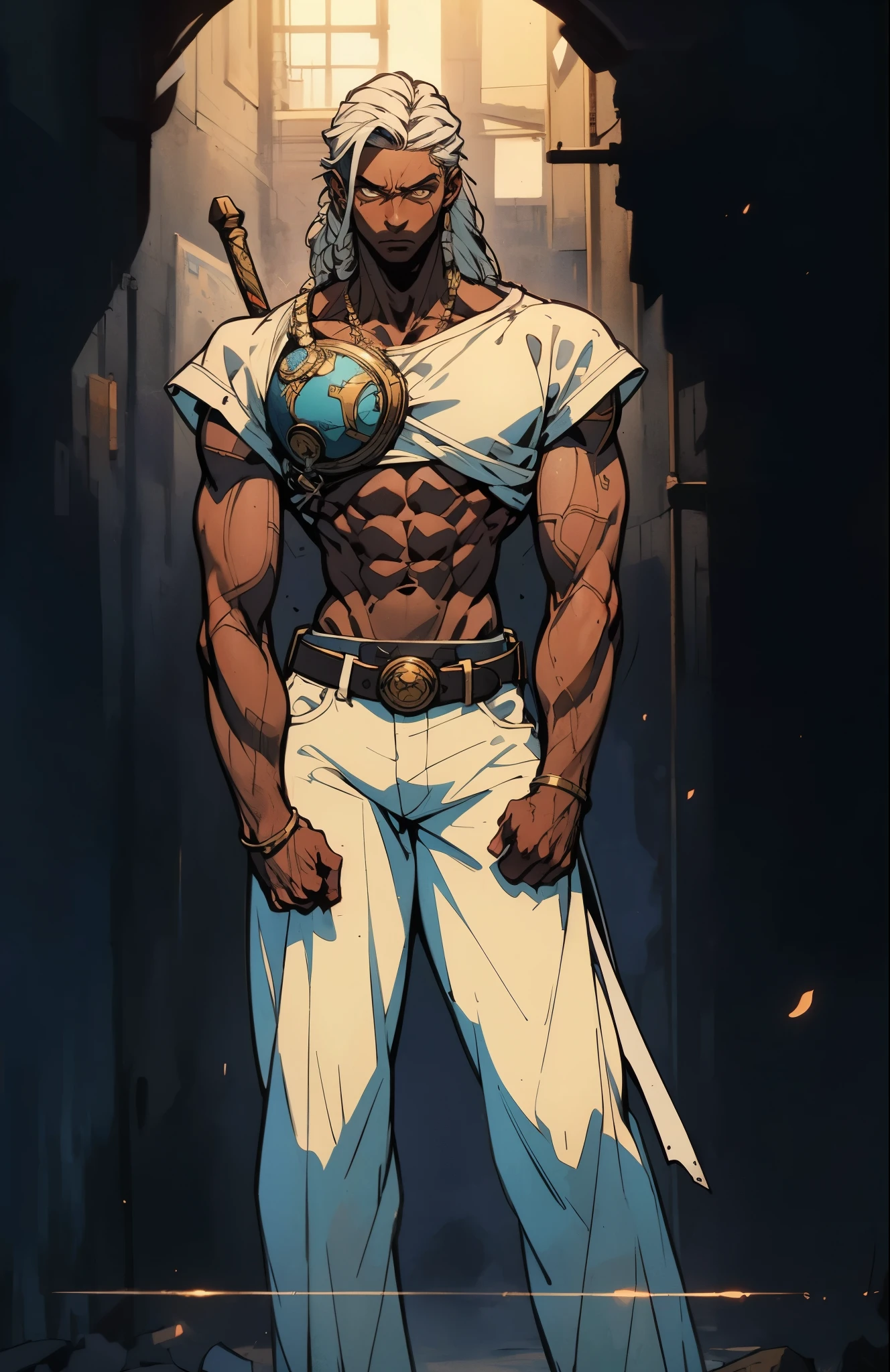 A young man with long white dreadlocks, dark skin, a melancholic expression, drooping eyelids and eyebrows, a lean face, a thin yet sturdy build, a tattered and ill-fitting light blue fantasy-style adventurer's shirt with short sleeves, revealing his abs, a silver breastplate on his left chest, a large sword is strapped to his back, a yellow belt, white coarse cloth trousers, stands nervously in a fantasy-style western town, this character embodies a finely crafted fantasy-style adventurer in anime style, exquisite and mature manga art style, dramatic, high definition, best quality, highres, ultra-detailed, ultra-fine painting, extremely delicate, professional, perfect body proportions, golden ratio, anatomically correct, symmetrical face, extremely detailed eyes and face, high quality eyes, creativity, RAW photo, UHD, 32k, Natural light, cinematic lighting, masterpiece--perfect, masterpiece:1.5