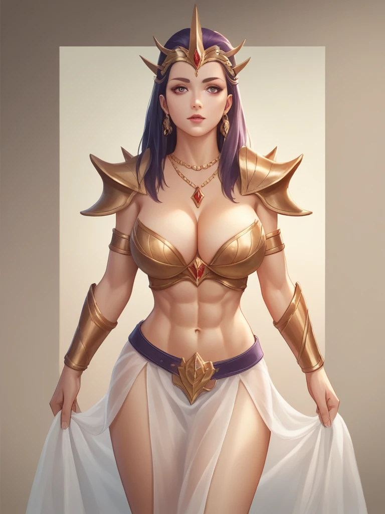 a close up of a woman in a sexy  white gold low-cut lace armor cleavage big breasts with a lotus flower in her hand, head jewelry, violet necklace, jade belt , toned abs, a beautiful fantasy empress, ((a beautiful fantasy empress)), beautiful celestial mage, beautiful character painting, full body xianxia, portrait knights of zodiac girl, by Yang J, g liulian art style, fantasy art style, foreshortening