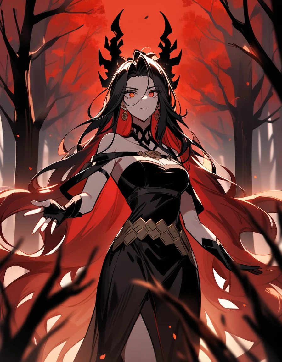 female greek goddess hades, with a long black dress and hood on her head, amber eyes, reaching out to help in a red forest with dead trees