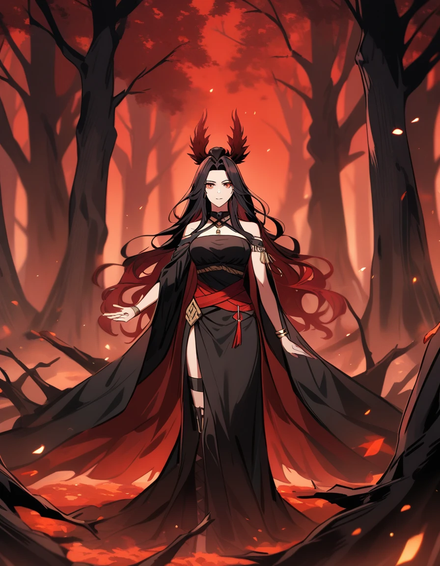 female greek goddess hades, with a long black dress and hood on her head, amber eyes, reaching out to help in a red forest with dead trees