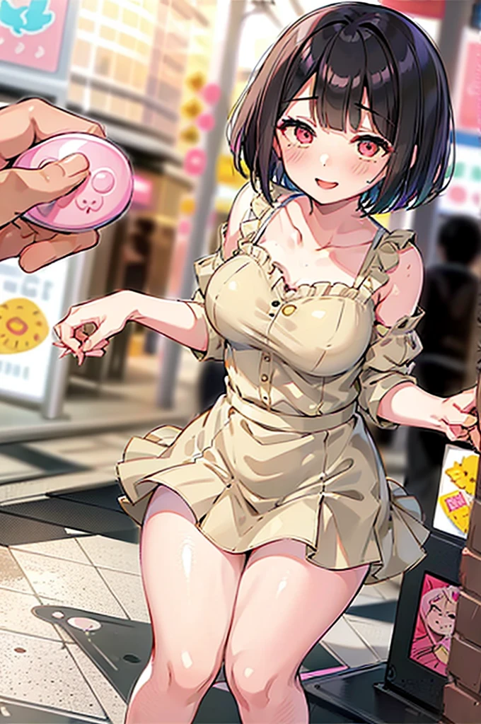 4K，One Girl, MS. end，thin，Very short stature，Very thin thighs，Blunt bangs，Short dress shirt, Half sleeves，Red Suspender Mini Skirt，blush, smile, Bobcut, Black Hair，Vibrant colors, ahegao，A lot of love juice drips down her thighs onto the floor，(remote_play))，remote-vibrating-egg，((Someone else's hand holding a pink round remote control:1.3))、Ecstatic expression，Accurate and detailed female fingers，nsfw,blush,Bitch,masterpiece,****,pussy juice