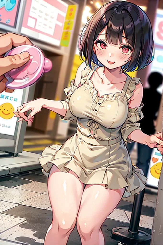 4K,One Girl, MS. end,thin,Very short stature,Very thin thighs,Blunt bangs,Short dress shirt, Half sleeves,Red Suspender Mini Skirt,blush, smile, Bobcut, Black Hair,Vibrant colors, ahegao,A lot of love juice drips down her thighs onto the floor,(remote_play)),remote-vibrating-egg,((Someone else's hand holding a pink round remote control:1.3))、Ecstatic expression,Accurate and detailed female fingers,nsfw,blush,Bitch,masterpiece,,pussy juice