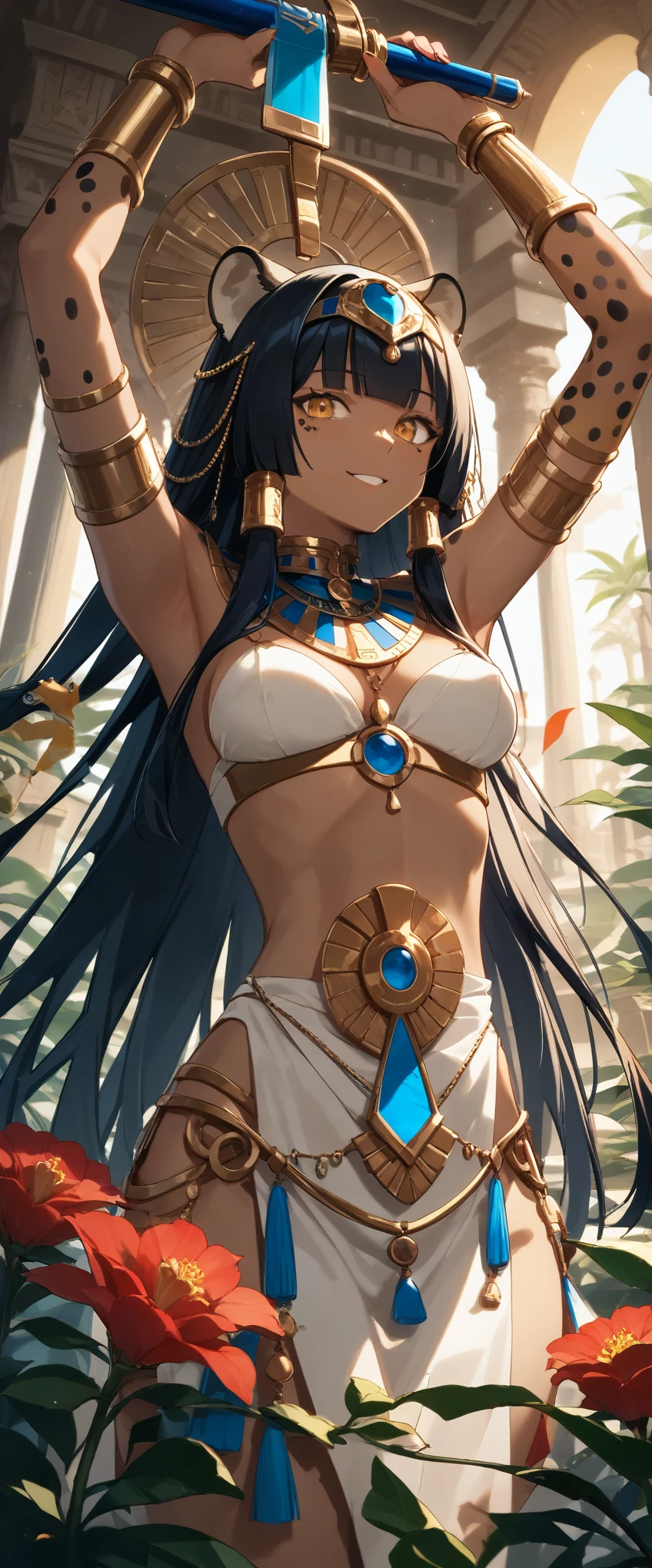 score_9, score_8_up, score_7_up, score_6_up, score_5_up, score_4_up,source_anime, source_furry,rating_safe,Egyptian goddess\(female, Safkhet, Sesat, Seshet, Sesheta, Seshata, Uraeus with flower and star in diadem, (wearing cheetah skin:1.2), holding brush and ink-dish,twinkling star above head\), background\(Egyptian temple\),dynamic angle, BREAK ,quality\(8k,wallpaper of extremely detailed CG unit, ​masterpiece,hight resolution,top-quality,top-quality real texture skin,hyper realisitic,increase the resolution,RAW photos,best qualtiy,highly detailed,the wallpaper,cinematic lighting,ray trace,golden ratio\)