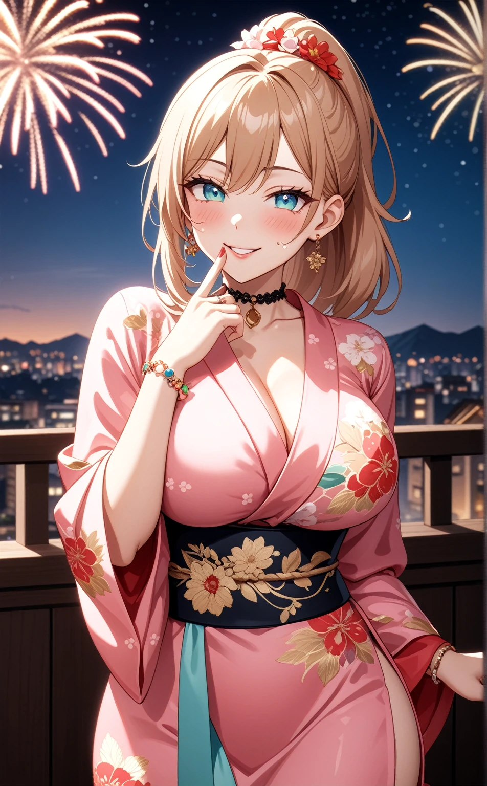 ((One personの女性)), Beautiful Face, Laughing embarrassedly,((Wink:1.9)),Laugh with your mouth wide open,((Red cheeks:1.4)),Glossy pink lips,(finger to mouth),night,rooftop,Festive decorations,You can see the ocean, firework,((Anime style background)),masterpiece, Highest quality, so beautiful, Latest, Complex details, (Pink long nails),(ring),(flower bracelet),Floral choker,AI-generated, Complex,High resolution, Highest quality, super high quality,3D Images、View your viewers、3D Images,One person,Long pink hair,High Ponytail,Turquoise Eyes,Anime woman posing for a photo, (Fine grain, gradient eyes,Shining Eyes:1.4),(Squint your eyes:1.1),a hyperRealistic , hyperRealistic , Realistic,Blonde anime woman with long hair, Smooth anime CG art, A woman in a colorful kimono with gold embroidery, (Pink long sleeve kimono),Red floral pattern,Long flower hair ornament,Large floral earrings,(ring),(Big Breasts:1.2),Mature Body,Tall,Big Ass,Narrow waist,Abdominal muscles,(Zoom in on face:1.8),(Photographed from the front)