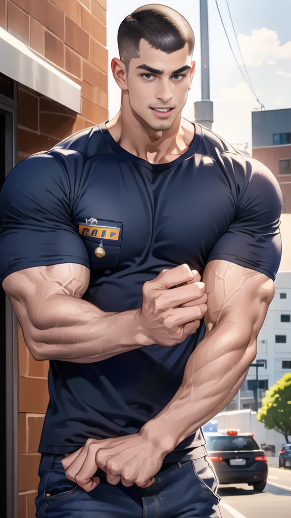 (handsome Man),(crew cut short hair:1.8),black eye,(Wear a fitted round neck t-shirt in navy with a police badge.:1.5),(fit neck),Navy blue jeans,(black_gloves:1.2), Korean guy,chest muscles,large arm muscles,blood vessel,Big muscles,Broad shoulders, (open mouth:1.2),(face up:1.2),(open eyes:1.5), middle of the road,smile, In front of the bread shop