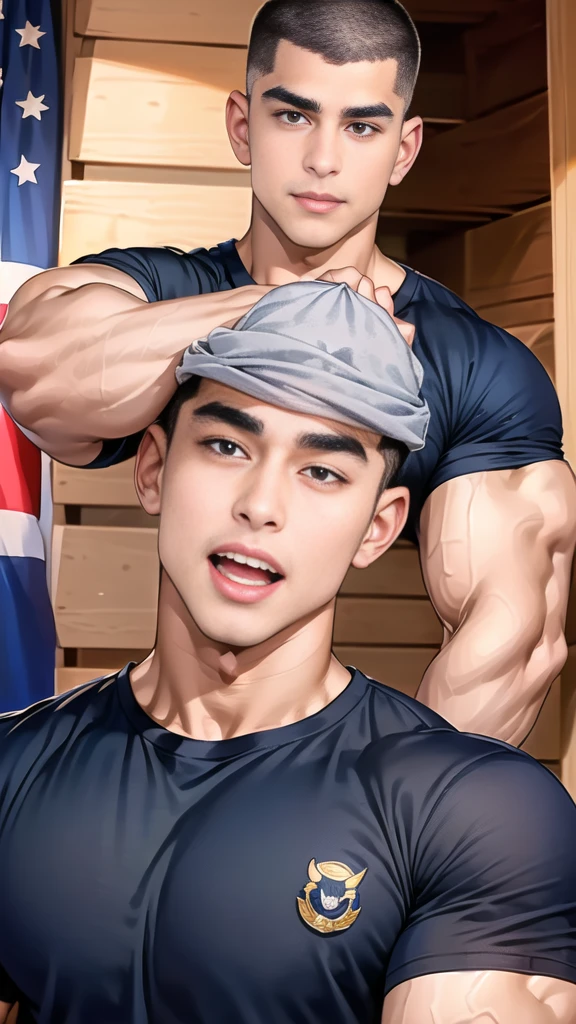 (handsome Man),(crew cut short hair:1.8),black eye,(Wear a fitted round neck t-shirt in navy with a police badge.:1.5),(fit neck),Navy blue jeans,(black_gloves:1.2), Korean guy,chest muscles,large arm muscles,blood vessel,Big muscles,Broad shoulders, (open mouth:1.2),(face up:1.2),(open eyes:1.5), middle of the road,smile, In front of the bread shop