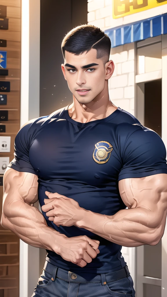 (handsome Man),(crew cut short hair:1.8),black eye,(Wear a fitted round neck t-shirt in navy with a police badge.:1.5),(fit neck),Navy blue jeans,(black_gloves:1.2), Korean guy,chest muscles,large arm muscles,blood vessel,Big muscles,Broad shoulders, (open mouth:1.2),(face up:1.2),(open eyes:1.5), middle of the road,smile, In front of the bread shop