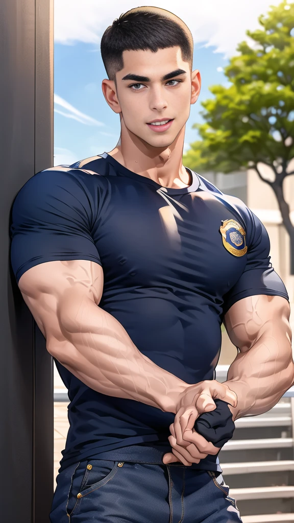 (handsome Man),(crew cut short hair:1.8),black eye,(Wear a fitted round neck t-shirt in navy with a police badge.:1.5),(fit neck),Navy blue jeans,(black_gloves:1.2), Korean guy,chest muscles,large arm muscles,blood vessel,Big muscles,Broad shoulders, (open mouth:1.2),(face up:1.2),(open eyes:1.5), middle of the road,smile, In front of the bread shop