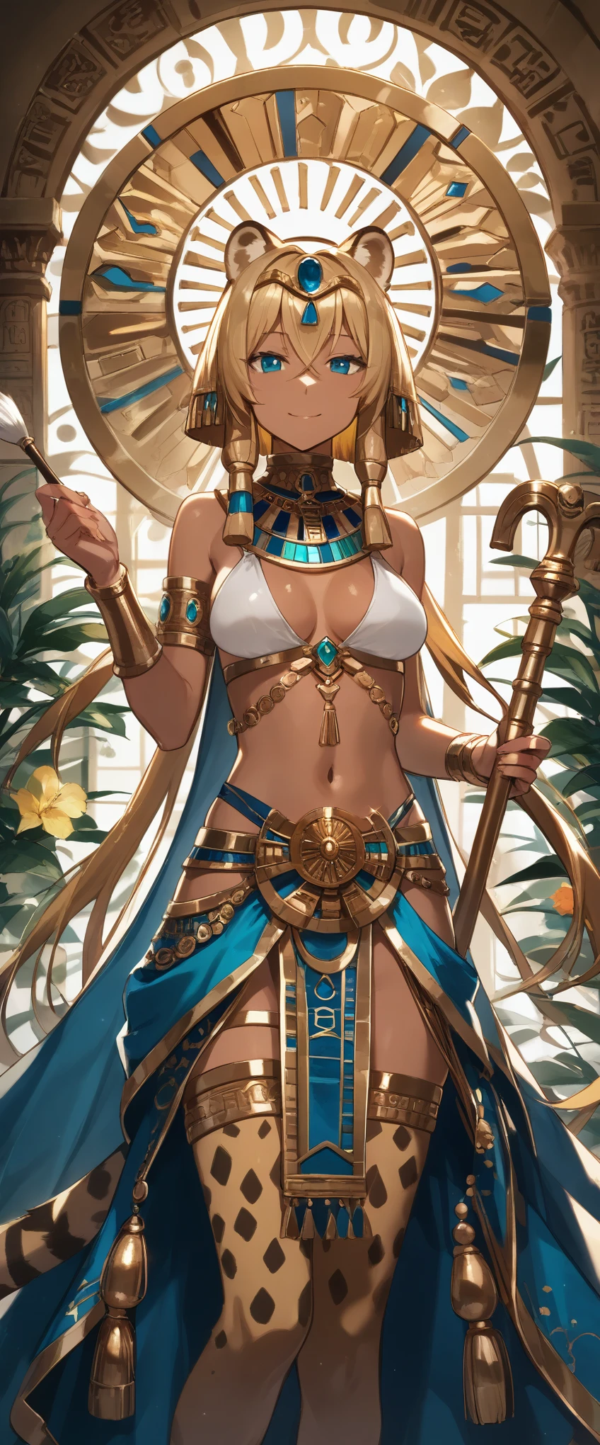 score_9, score_8_up, score_7_up, score_6_up, score_5_up, score_4_up,source_anime, source_furry,rating_safe,Egyptian goddess\(female, Safkhet, Sesat, Seshet, Sesheta, Seshata, Uraeus with flower and star in diadem, (wearing cheetah skin:1.2), holding brush and ink-dish,twinkling star above head\), background\(Egyptian temple\),dynamic angle, BREAK ,quality\(8k,wallpaper of extremely detailed CG unit, ​masterpiece,hight resolution,top-quality,top-quality real texture skin,hyper realisitic,increase the resolution,RAW photos,best qualtiy,highly detailed,the wallpaper,cinematic lighting,ray trace,golden ratio\)