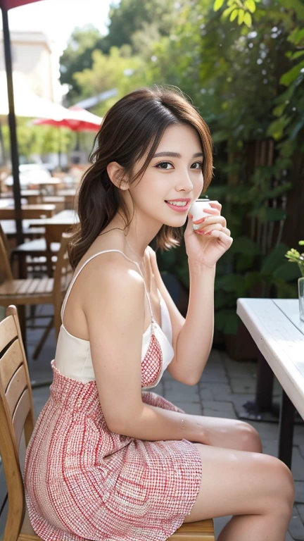 (RAW Photos), (Realistic), (masterpiece), (Highest quality), High resolution, 8K,(Volumetric Light),  woman, Age 25, Short Ponytail, Straight hair, Layered Hair, Brown Hair, Very beautiful eyes, Source order, Very thin eyebrows, Very fine skin, Very beautiful mouth, Very nice nose, Cute like an idol,A smile showing white teeth, (Thick lips), (Looking at the audience), (Red and white dress),( Sitting on a chair in an outdoor cafe drinking juice),(From the whole body to the toes:1.3),(Side Shot),(Cowboy Shot),(Natural pose),(Bold Pose),Put your right hand on your knee,(drink juice with left hand),(Side view:1.3),Stand up straight