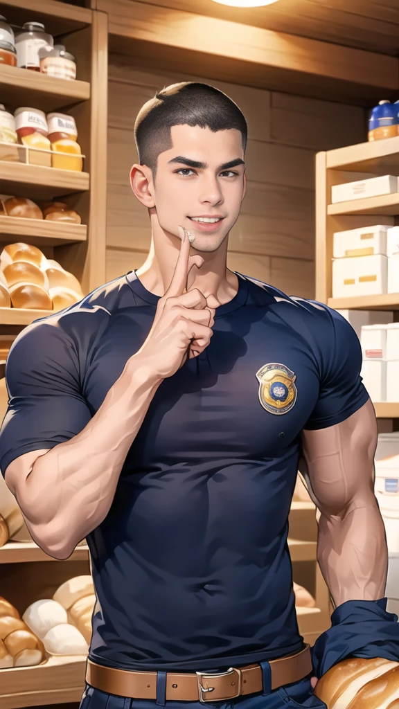 (handsome Man),(crew cut short hair:1.8),black eye,(Wear a fitted round neck t-shirt in navy with a police badge.:1.5),(fit neck),Navy blue jeans,(black_gloves:1.2), Korean guy,chest muscles,large arm muscles,blood vessel,Big muscles,Broad shoulders, (open mouth:1.2),(face up:1.2),(open eyes:1.5), middle of the road,smile, In the bread shop, (bread in hand)