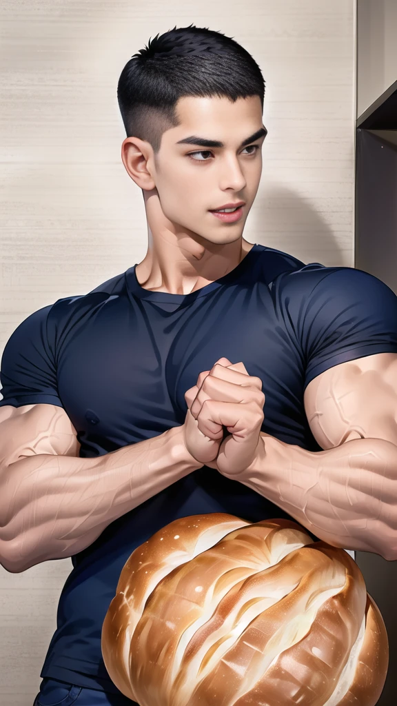 (handsome Man),(crew cut short hair:1.8),black eye,(Wear a fitted round neck t-shirt in navy with a police badge.:1.5),(fit neck),Navy blue jeans,(black_gloves:1.2), Korean guy,chest muscles,large arm muscles,blood vessel,Big muscles,Broad shoulders, (open mouth:1.2),(face up:1.2),(open eyes:1.5), middle of the road,smile, In the bread shop, (bread in hand)