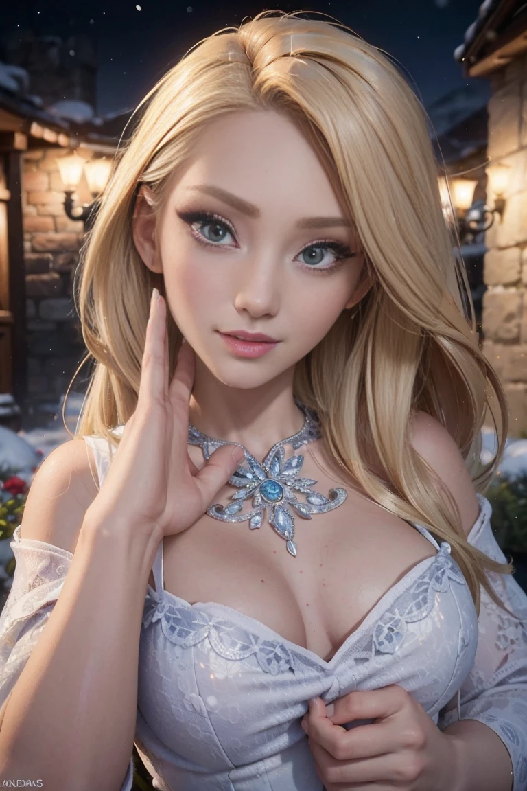 Hyper realistic and detailed picture of 1 gorgeous european blonde woman, age 23, she's a men magazine model, flirts with camera, beautiful smiling woman sending a kiss to the camera. posing on the in the beautiful garden full of flowers, wearing nothing,perfect eyes, (Eye makeup:1.1), perfect breast, perfect body, perfect hair, perfect hands, RAW, analog style, sharp focus, 8k UHD, DSLR, high quality, Fujifilm XT3, grain, award winning, masterpiece. winter starry night, snow, fog, candle lighting