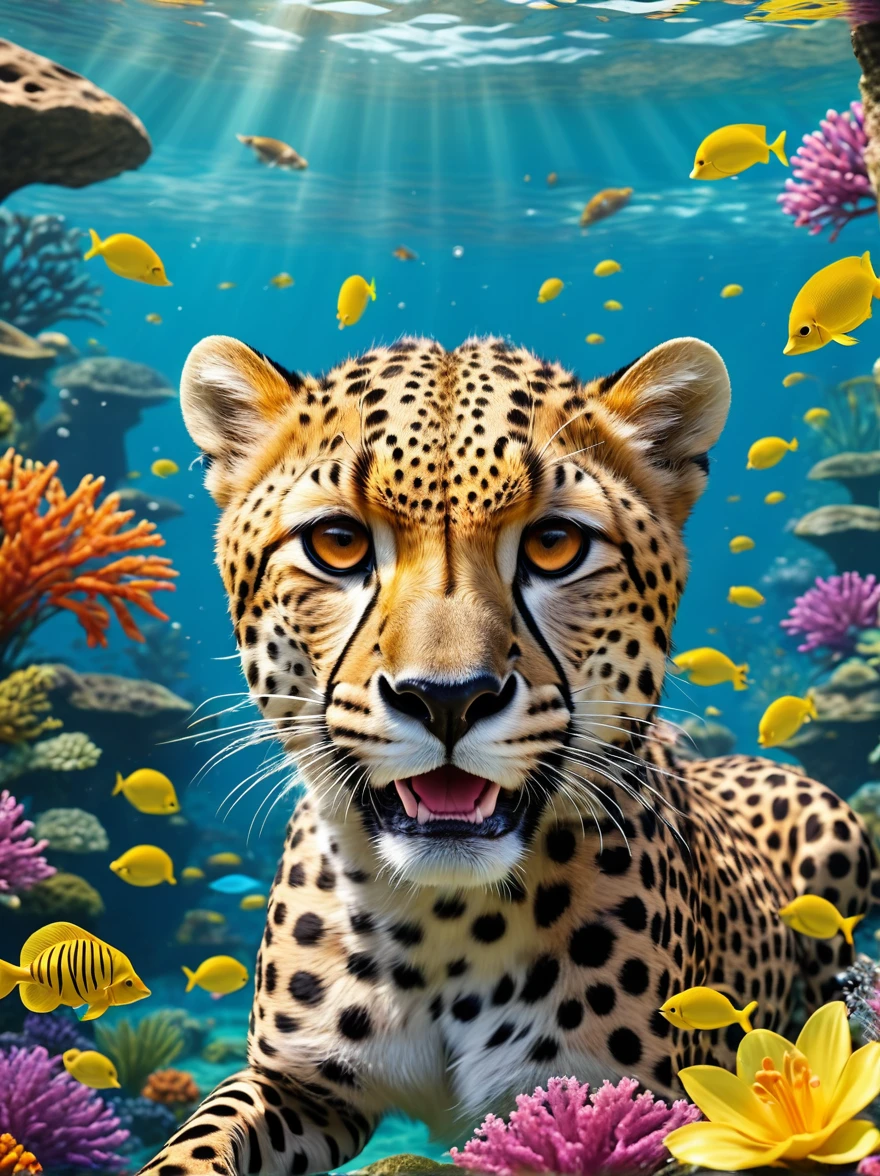 Happy cheetah swimming underwater，Have a great time，Happy childhood and summer vacation，high quality照片lifelike的，8K，Rich in details，lifelike，high quality