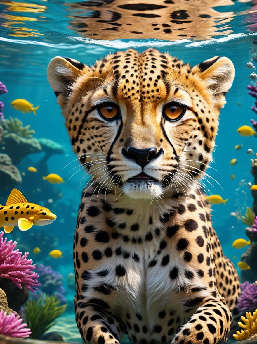 Happy cheetah swimming underwater,Have a great time,Happy childhood and summer vacation,high quality照片lifelike的,8K,Rich in details,lifelike,high quality