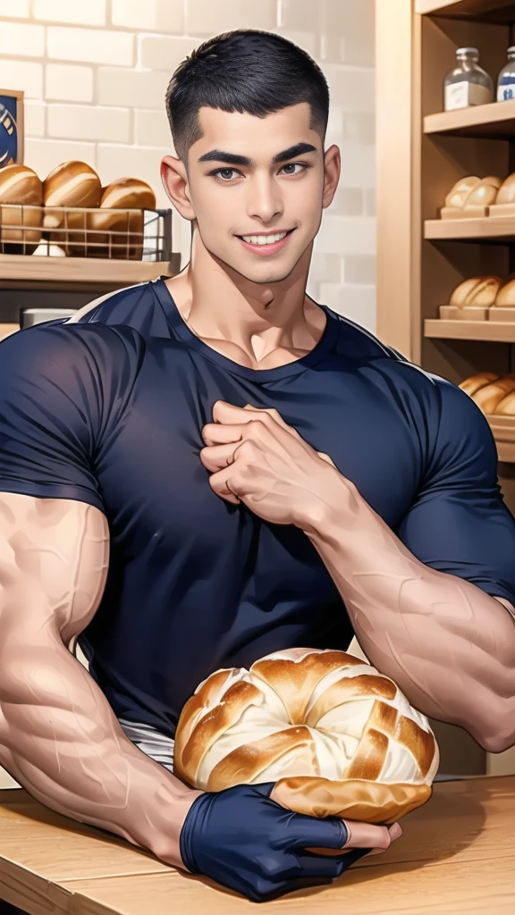 (handsome Man sitting on table eating bread ),(crew cut short hair:1.8),black eye,(Wear a fitted round neck t-shirt in navy with a police badge.:1.5),(fit neck),Navy blue jeans,(black_gloves:1.2), Korean guy,chest muscles,large arm muscles,blood vessel,Big muscles,Broad shoulders, (open mouth:1.2),(face up:1.2),(open eyes:1.5), middle of the road,smile, In the bread shop, 