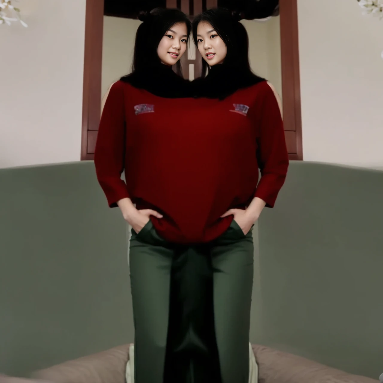 best resolution, 2heads, half-body shot, conjoined, dicephalus, two japanese women with two heads , blonde hair, hair bun, long hair, different faces,hands on head, mouth open,, shocked, tanktop, indoor background