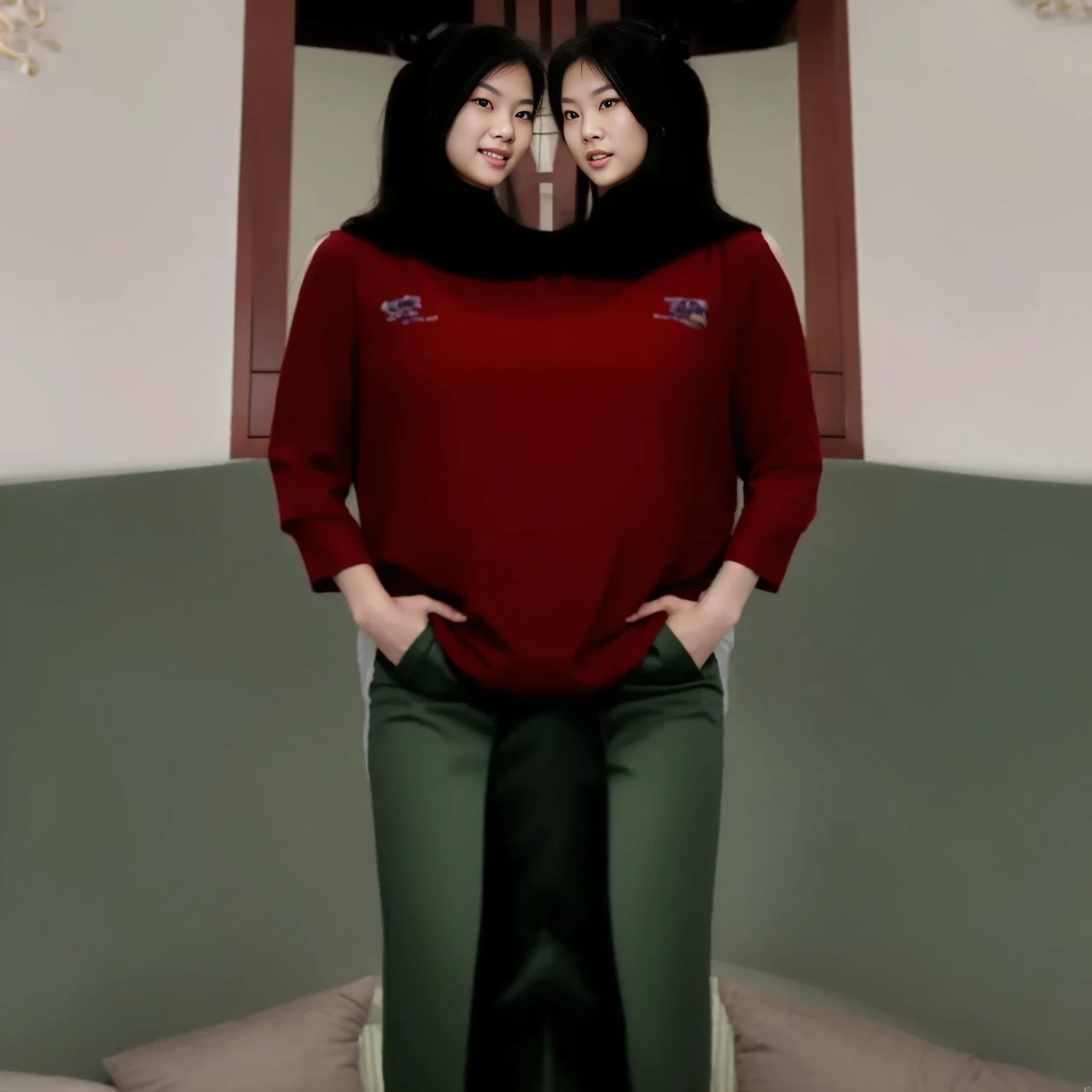 best resolution, 2heads, half-body shot, conjoined, dicephalus, two japanese women with two heads , blonde hair, hair bun, long hair, different faces,hands on head, mouth open,, shocked, tanktop, indoor background
