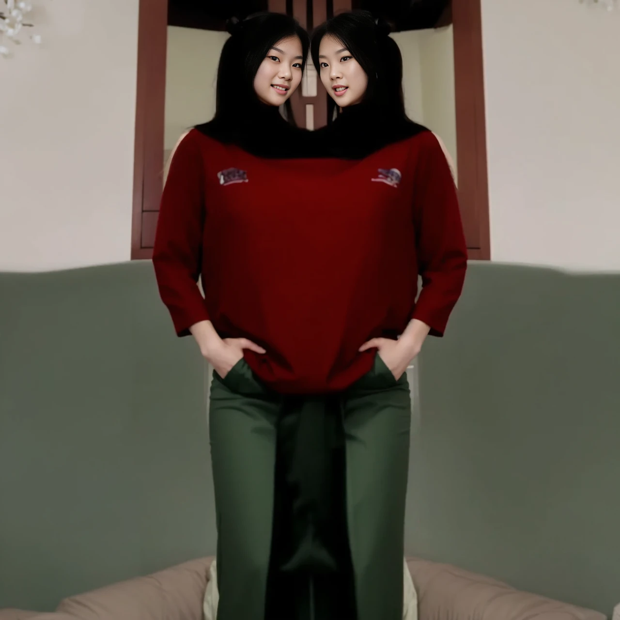 best resolution, 2heads, half-body shot, conjoined, dicephalus, two japanese women with two heads , blonde hair, hair bun, long hair, different faces,hands on head, mouth open,, shocked, tanktop, indoor background