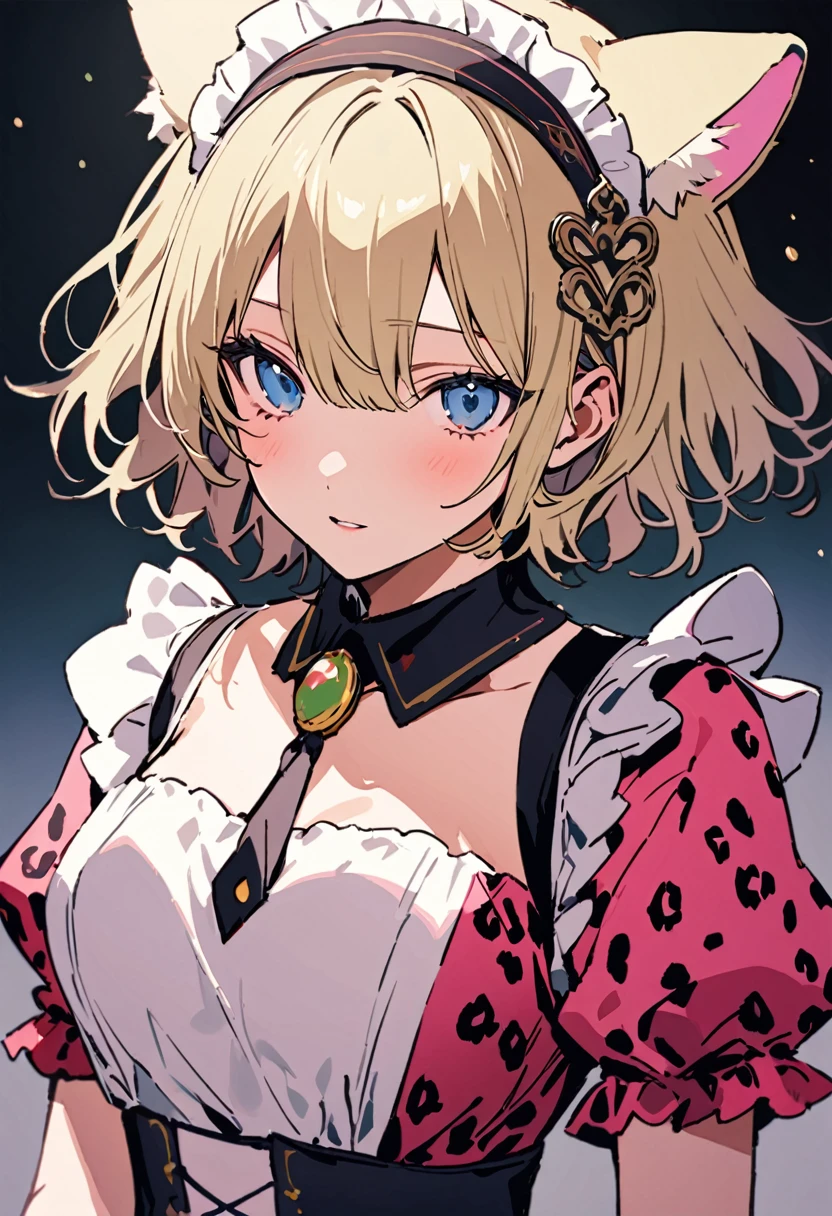 masterpiece, Highest quality, Illustration of the novel, High resolution, 18+ Adult content, Sensual, Intimate, Emotional, Passionate, romantic, sweet, Adorable, Innocent, Pure, Charmな, Charmな, Charm, mysterious, Charmな, Charmな, Immersive, Charmな, dream-like, Surreal, Imaginative, Whimsical, Artistic, Avant-garde, timeless, elegant, Sophisticated, chic, Sophisticated, personality, original, Charmな,((Maid clothes:1.3)),(Cheetah Dress:1.3)、Female Band、live、((Upper Body:1.3))