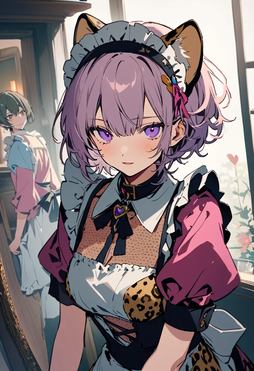 masterpiece, Highest quality, Illustration of the novel, High resolution, , Sensual, Intimate, Emotional, Passionate, romantic, sweet, Adorable, Innocent, Pure, Charmな, Charmな, Charm, mysterious, Charmな, Charmな, Immersive, Charmな, dream-like, Surreal, Imaginative, Whimsical, Artistic, Avant-garde, timeless, elegant, Sophisticated, chic, Sophisticated, personality, original, Charmな,((Maid clothes:1.3)),(Cheetah Dress:1.3)、Female Band、live、((Upper Body:1.3))
