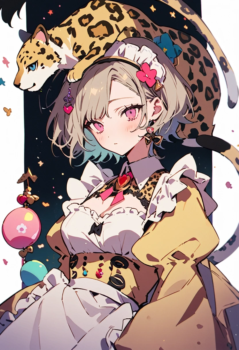 masterpiece, Highest quality, Illustration of the novel, High resolution, 18+ Adult content, Sensual, Intimate, Emotional, Passionate, romantic, sweet, Adorable, Innocent, Pure, Charmな, Charmな, Charm, mysterious, Charmな, Charmな, Immersive, Charmな, dream-like, Surreal, Imaginative, Whimsical, Artistic, Avant-garde, timeless, elegant, Sophisticated, chic, Sophisticated, personality, original, Charmな,((Maid clothes:1.3)),(Cheetah Dress:1.3)、Female Band、live、((Upper Body:1.3))