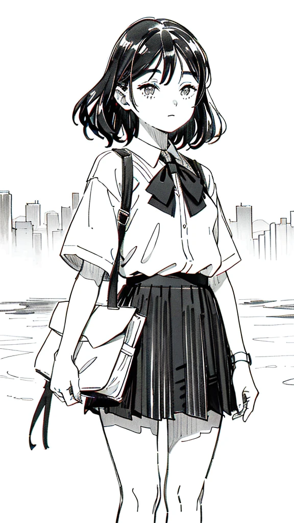 One Girl,Line art,Monochrome,sketch,Pencil drawing,Traditional Media,One Girl, skirt,Cute Teenage Girls, ,Beautiful portrait、Delicate body、Black Hair、Black Hair,landscape