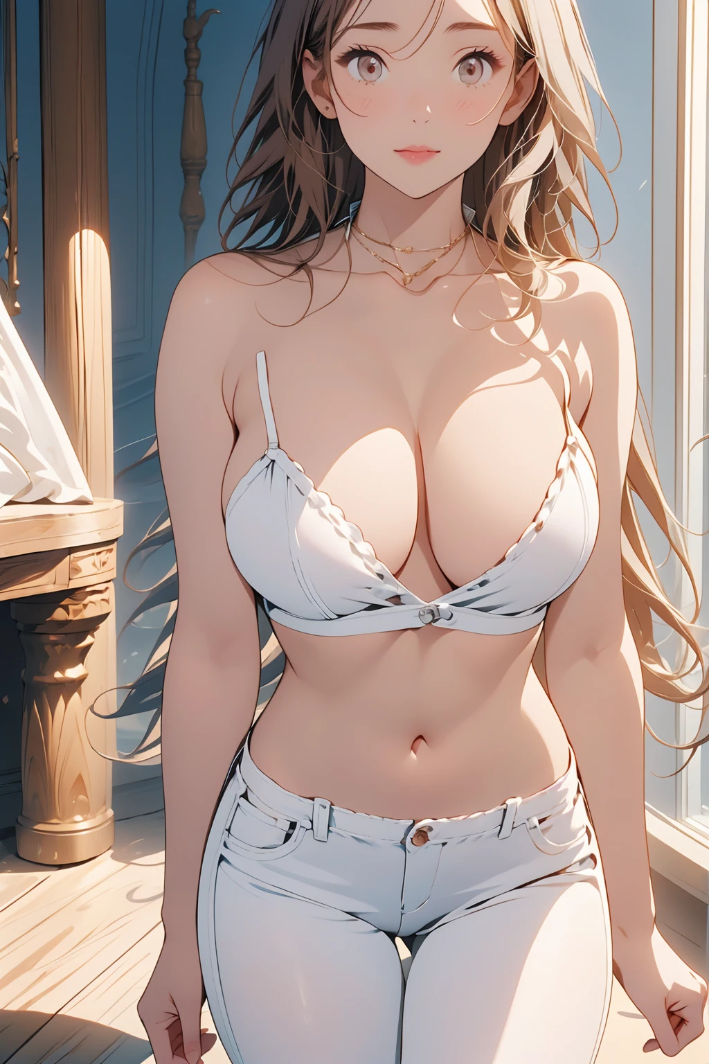 ((best qualtiy, 8K, tmasterpiece:1.3)), Focus:1.2, perfect figure beautiful woman:1.4, Cocked buttocks:1.2, ((Random Long Hairstyle), large breasts, ((Brown Wavy Hair, short hair, curly hair)), (Long white legs:1.3), (Polo shirt:1.2), (skinny jeans), (inside in room:1.2), Highly detailed  and skin texture, A detailed eye, double eyelid, Whiten skin, Straight big breasts：1.3), looking at camera, Wear a necklace，
