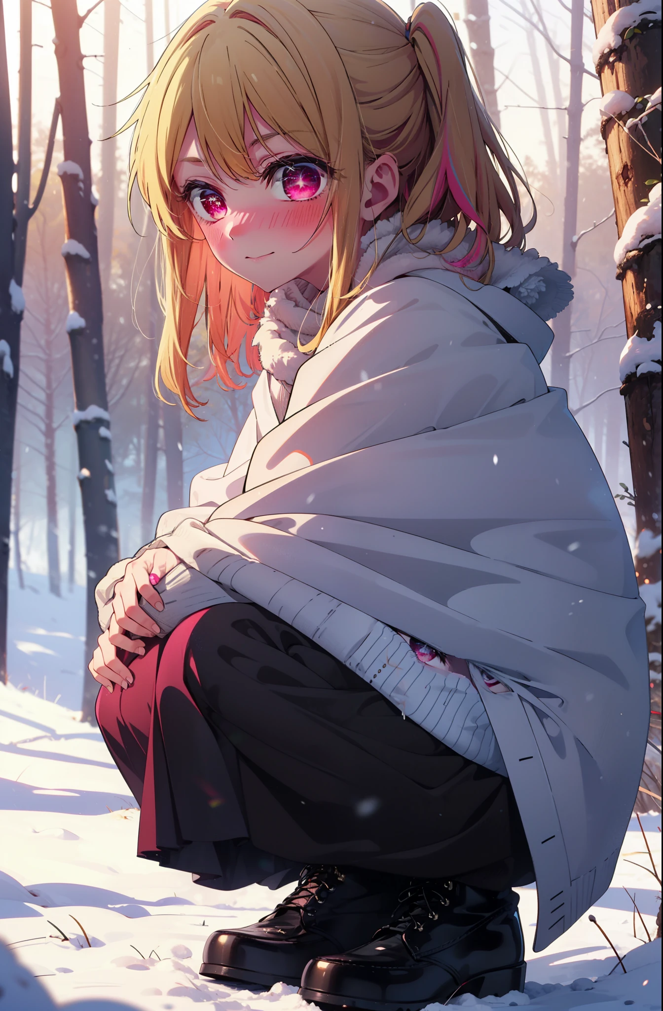rubyhoshino, Hoshino Ruby, Long Hair, bangs, Blonde, (Pink Eyes:1.3), Side Lock, (Symbol-shaped pupil:1.5), Multicolored Hair, Two-tone hair, smile,,smile,blush,White Breath,
Open your mouth,snow,Ground bonfire, Outdoor, boots, snowing, From the side, wood, suitcase, Cape, Blurred, , forest, White handbag, nature, Squat, Mouth closed, Cape, winter, Written boundary depth, Black shoes, red Cape break looking at viewer, Upper Body, whole body, break Outdoor, forest, nature, break (masterpiece:1.2), Highest quality, High resolution, unity 8k wallpaper, (shape:0.8), (Beautiful and beautiful eyes:1.6), Highly detailed face, Perfect lighting, Highly detailed CG, (Perfect hands, Perfect Anatomy),
