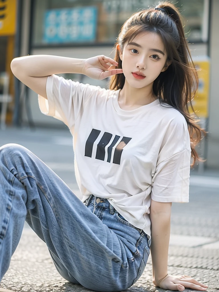 ((best quality)), ((masterpiece)), (detailed), 1 woman, jeans, white tee, Denim, skinny, korean, Korean idols, thick thighs, knee, 