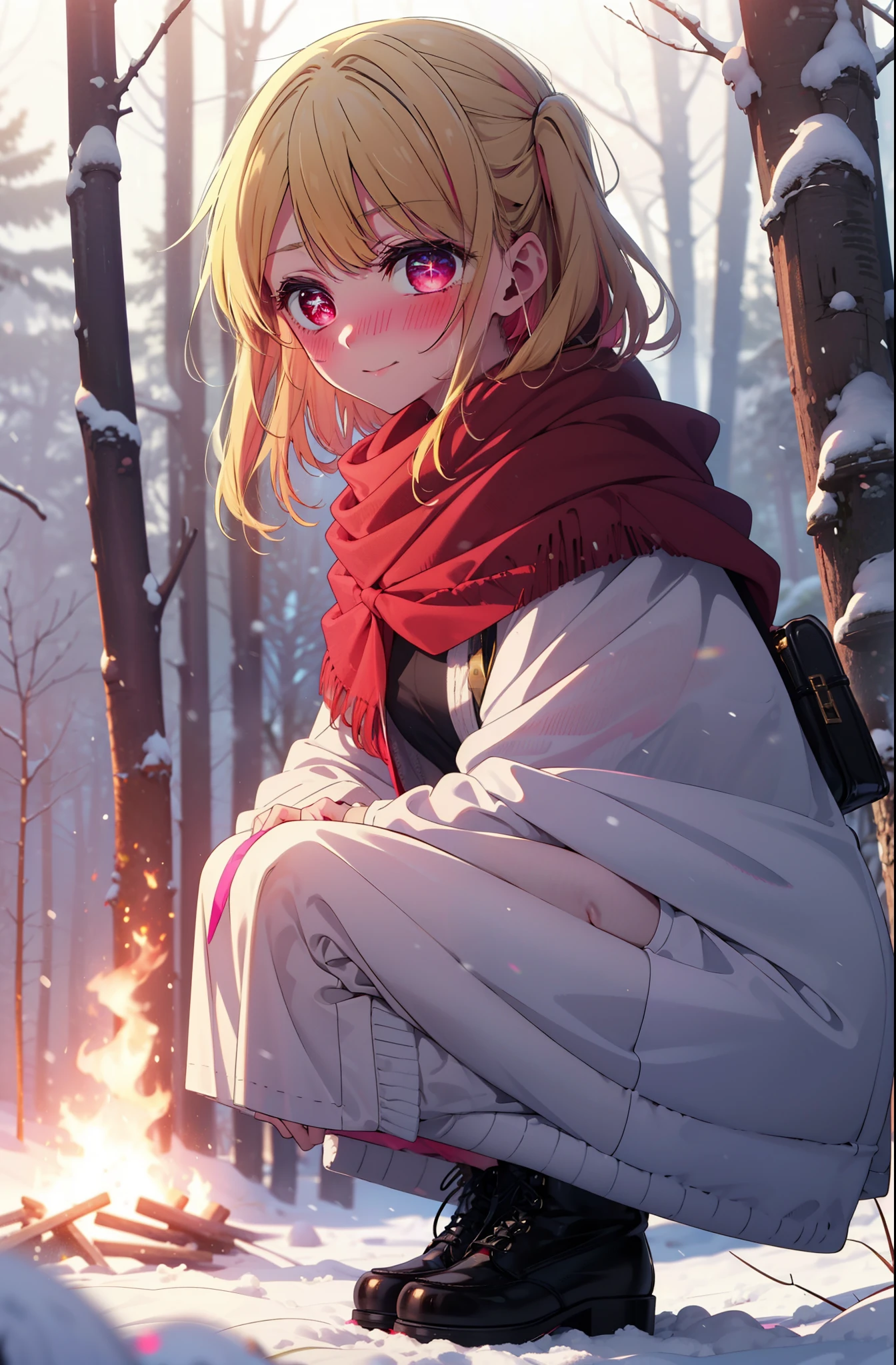 rubyhoshino, Hoshino Ruby, Long Hair, bangs, Blonde, (Pink Eyes:1.3), Side Lock, (Symbol-shaped pupil:1.5), Multicolored Hair, Two-tone hair, smile,,smile,blush,White Breath,
Open your mouth,snow,Ground bonfire, Outdoor, boots, snowing, From the side, wood, suitcase, Cape, Blurred, , forest, White handbag, nature, Squat, Mouth closed, Cape, winter, Written boundary depth, Black shoes, red Cape break looking at viewer, Upper Body, whole body, break Outdoor, forest, nature, break (masterpiece:1.2), Highest quality, High resolution, unity 8k wallpaper, (shape:0.8), (Beautiful and beautiful eyes:1.6), Highly detailed face, Perfect lighting, Highly detailed CG, (Perfect hands, Perfect Anatomy),